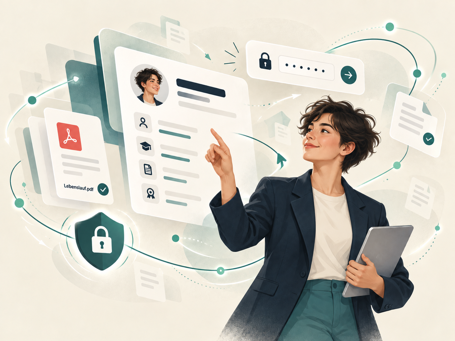 Illustration eines sicheren digitalen Bewerbungsprofils mit geschützten Dokumenten